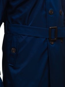 Bolf Herren Mantel Trenchcoat Zweireihig mit Stehkragen und Gürtel Blau  0001