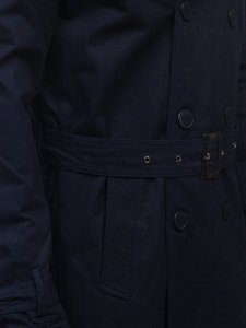 Bolf Herren Zweireihiger Mantel Trenchcoat mit Stehkragen und Gürtel Dunkelblau  5569